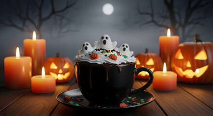 A spooky Halloween scene featuring a decorated hot chocolate, lit candles, and carved pumpkins under a moonlit sky.