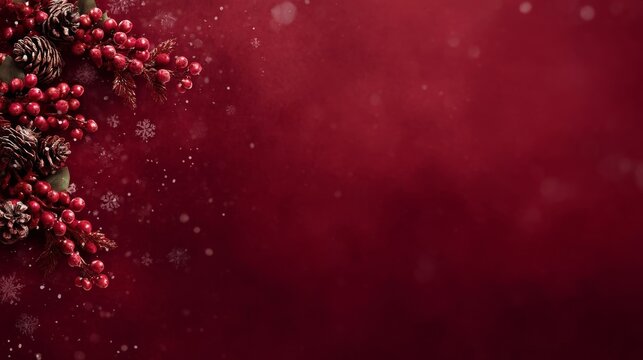 A festive deep red and magenta gradient background adorned with bright red berries, white snowflakes, green leaves, - Powered by Adobe
