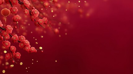 A festive red background adorned with blooming flowers, traditional lanterns,
