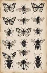 Vintage Insect Pattern with Butterflies, Beetles, Dragonflies and Ladybugs on Parchment Background