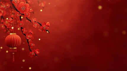Obraz premium Traditional Chinese decorative scene with vibrant red willow blossoms, golden lantern, and festive gradient backdrop,