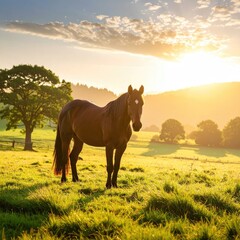 A dark horse stands in a golden field at sunrise
