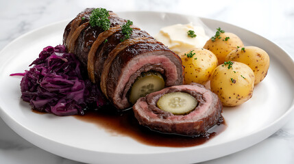 Hearty beef roulade plated with red cabbage, potatoes and creamy mashed potatoes on a bright white background. A classic comfort food dish.