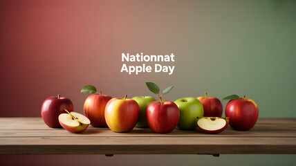 A variety of red and green apples arranged on a wooden table with a text overlay celebrating National Apple Day