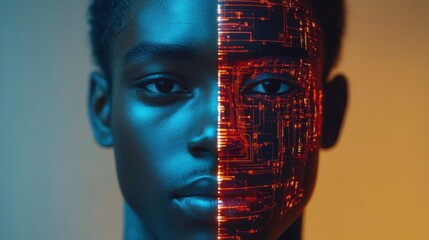 In a neon-lit digital arena, a confident human faces a sleek AI counterpart, symbolizing the clash of strength and technology amidst glowing circuits.