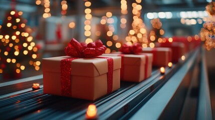 Conveyor belt transports gift boxes, festive Christmas ambiance