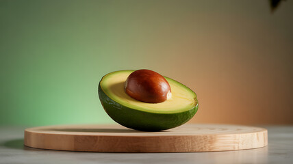 Half of a ripe avocado with seed on a wooden board against a gradient background