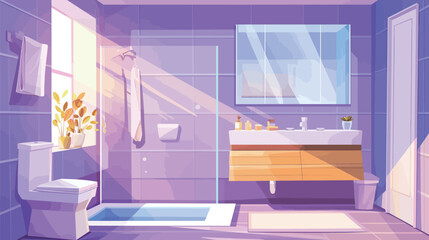 A spacious bathroom features a shower, stylish vanity, and natural light shining through the window. Potted plants add a refreshing touch to the decor.