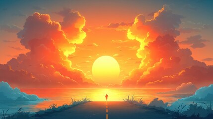 A man runs along a winding road toward the horizon, chasing dreams under a vibrant sunset with mountains in the distance