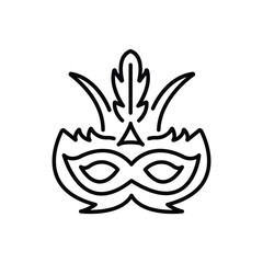 Black outline of a masquerade mask with feather accents above eye holes set