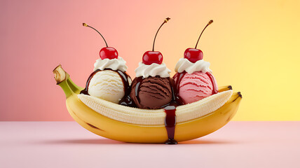 Banana split dessert with three scoops of ice cream, whipped cream, cherries, and chocolate sauce