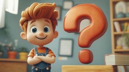 A cheerful 3D cartoon character stands beside a large red question mark against a soft light blue background, embodying curiosity and problem-solving