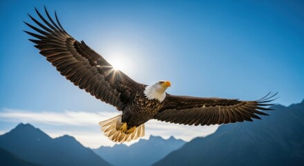Fototapeta premium Majestic bald eagle soaring through a clear blue sky with mountains below isolated on white background