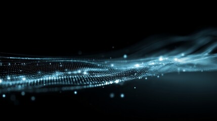 Futuristic abstract digital background with flowing light patterns, deep blue to black gradient,