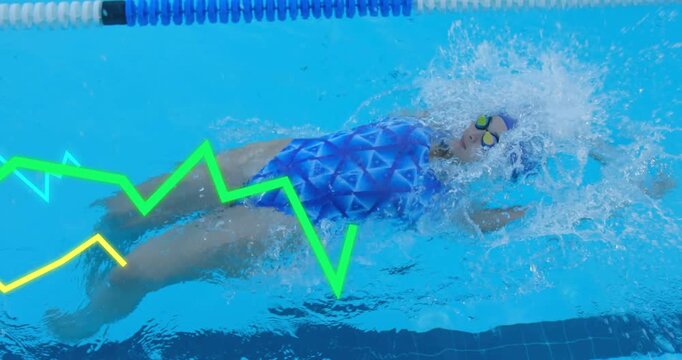 Female swimmer adjusting posture and initiating backstroke, generating fitness line graph overlays