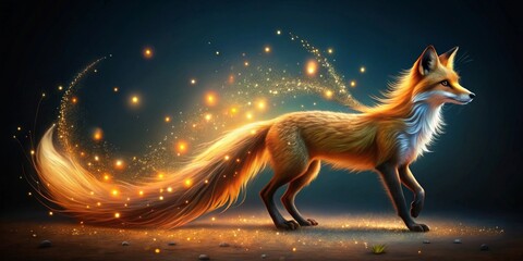 A Magical Fox with an Illuminated Tail, Gracefully Strolling Through a Dark Realm of Sparkling Dust
