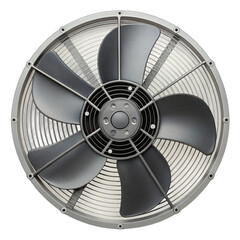 Industrial axial fan with protective guard isolated on transparent background, cooling system