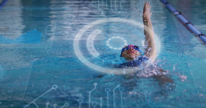 Female swimmer floating back activating HUD, performing backstroke enabling fitness tracking