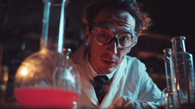 Mad Scientist in Laboratory with Chemical Experiment - Powered by Adobe