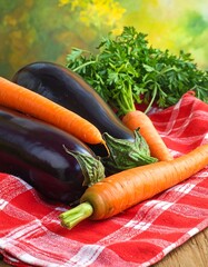 Two eggplants and three carrots rest on a red and white checkered cloth