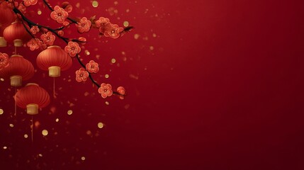 Elegant red backdrop with festive lanterns and floral design, adorned with gold coins,