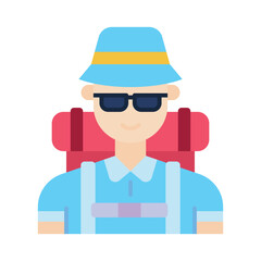 Person with backpack bucket hat and sunglasses