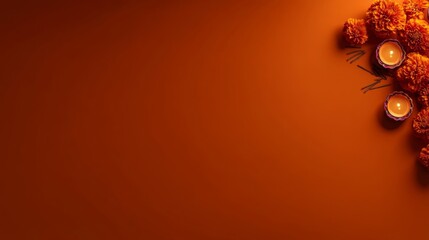 Elegant orange gradient background with decorative sunflower, small candles, and slender plants,