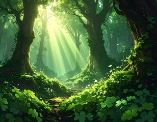 Sunbeams illuminate a lush, green forest path, flanked by moss-covered trees and clover
