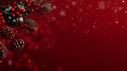Elegant Christmas background with pine branches, red berries, green leaves, pinecones, sparkling snowflakes,
