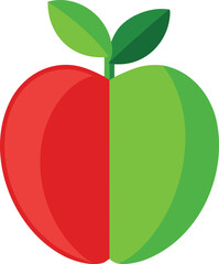 Bright split apple icon featuring red and green halves with green leaves and stem