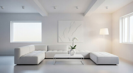 Fototapeta premium A minimalist living room, with modern design and subtle textures and a natural lighting ambiance creating a serene and inviting atmosphere.