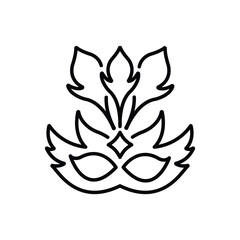 Outline of a masquerade mask featuring eye holes a diamond detail and feathered decorations