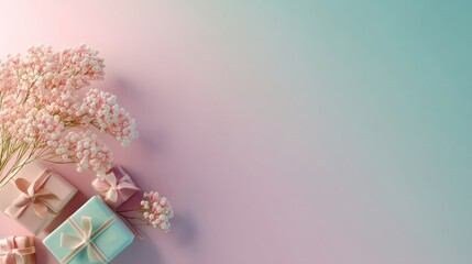 A minimalist backdrop with decorative floral bouquet and ribbon-wrapped gift boxes in soft pink to blue gradient,