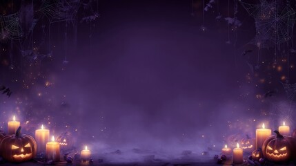 Dark purple and blue background with Halloween theme, decorated pumpkins as jack-o'-lanterns, glowing eyes and mouths,