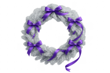 White christmas wreath decorating with purple ribbons