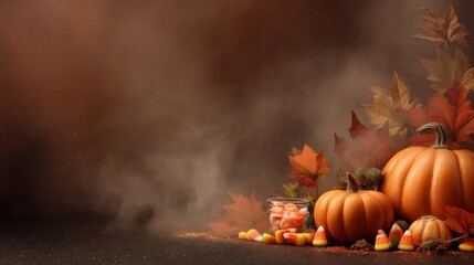 A Halloween themed backdrop featuring warm tones of orange, red,