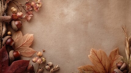 Minimalist decorative board with autumn elements like falling brown leaves, acorns,