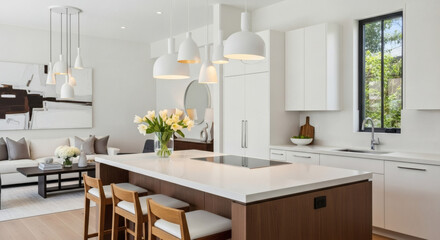 An Open-concept modern kitchen and living area with a spacious layout, illuminated by natural light through large windows, blending functionality with elegance and sophistication.