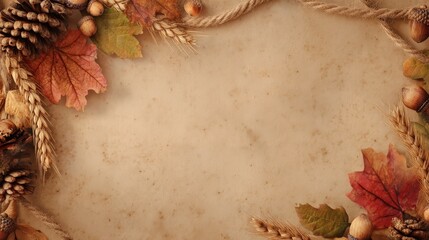 A rustic autumn background board featuring dried leaves, pine cones, wheat silhouettes, and strap decorations,