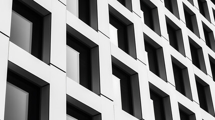 Fototapeta premium Abstract geometric pattern with window framing, monochrome building facade. Modern architecture creates a visually striking image.