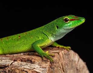 Fototapeta premium Close-up of a vibrant green lizard on a tree stump