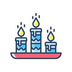 Three lit blue candles on a red tray