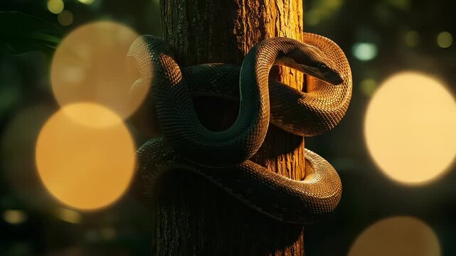 Serpentine embrace a snake coiling serenely around a tree trunk at twilight