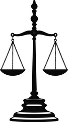 A classic scales of justice illustration, black silhouette on white background