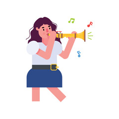 Woman in blue skirt plays yellow trumpet music notes surround her