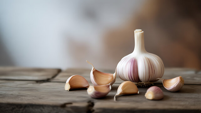 Whole garlic bulb and cloves on a wooden surface
