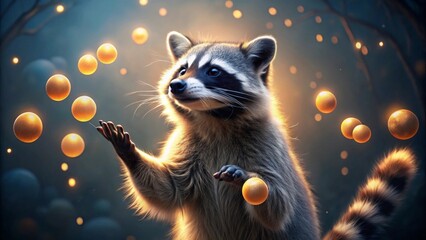 A Nocturnal Acrobat A Raccoon's Mystical Ball Juggling Performance in an Enchanted Forest Setting