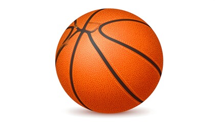 A realistic orange basketball with black lines, sitting on a white background, casting a subtle shadow