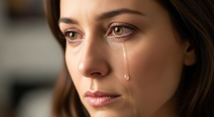Fototapeta premium A woman with brown hair and green eyes, wearing a white shirt, crying with tears streaming down her face.