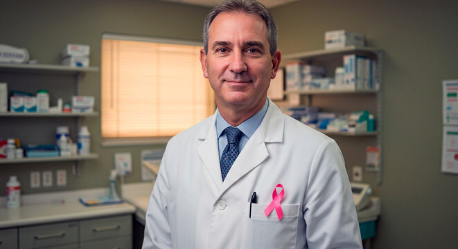 Male doctor wearing white coat and pink ribbon standing in clinic   - Powered by Adobe
